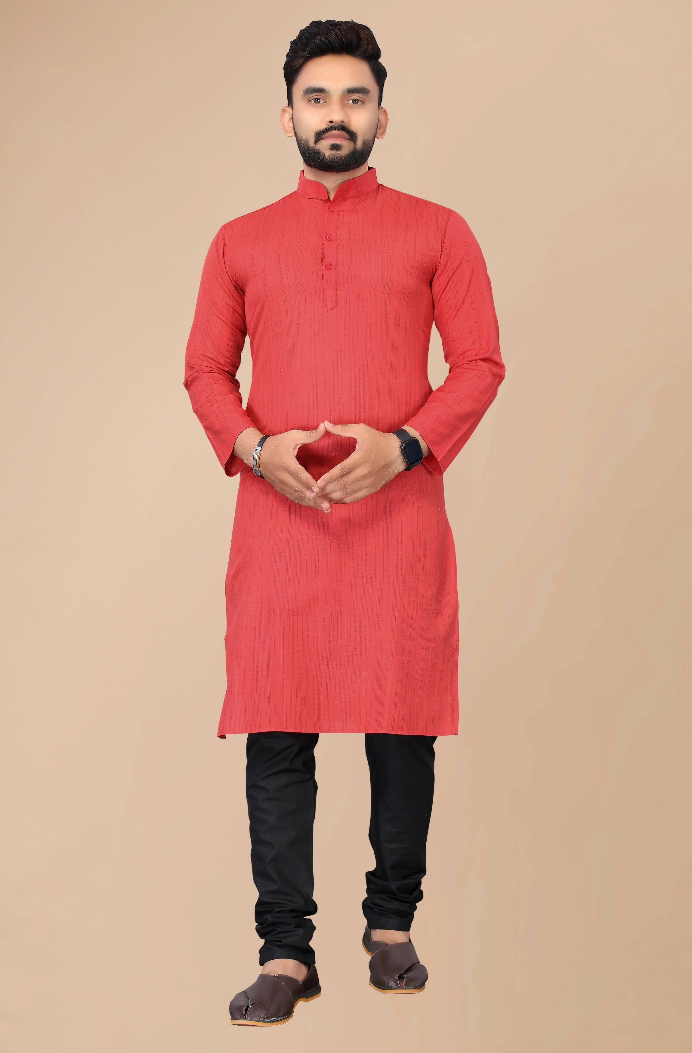Men's Red Striped Cotton Kurta - Mahotsav