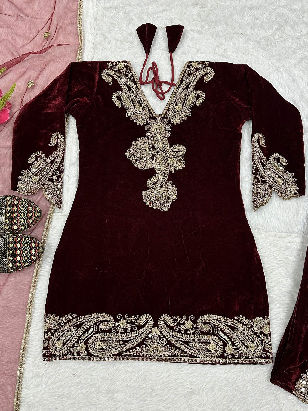 Vastranavya Wine Viscose Velvet Cording Sequence Embroidery Work Suit-Bottom With Dupatta - Distacart