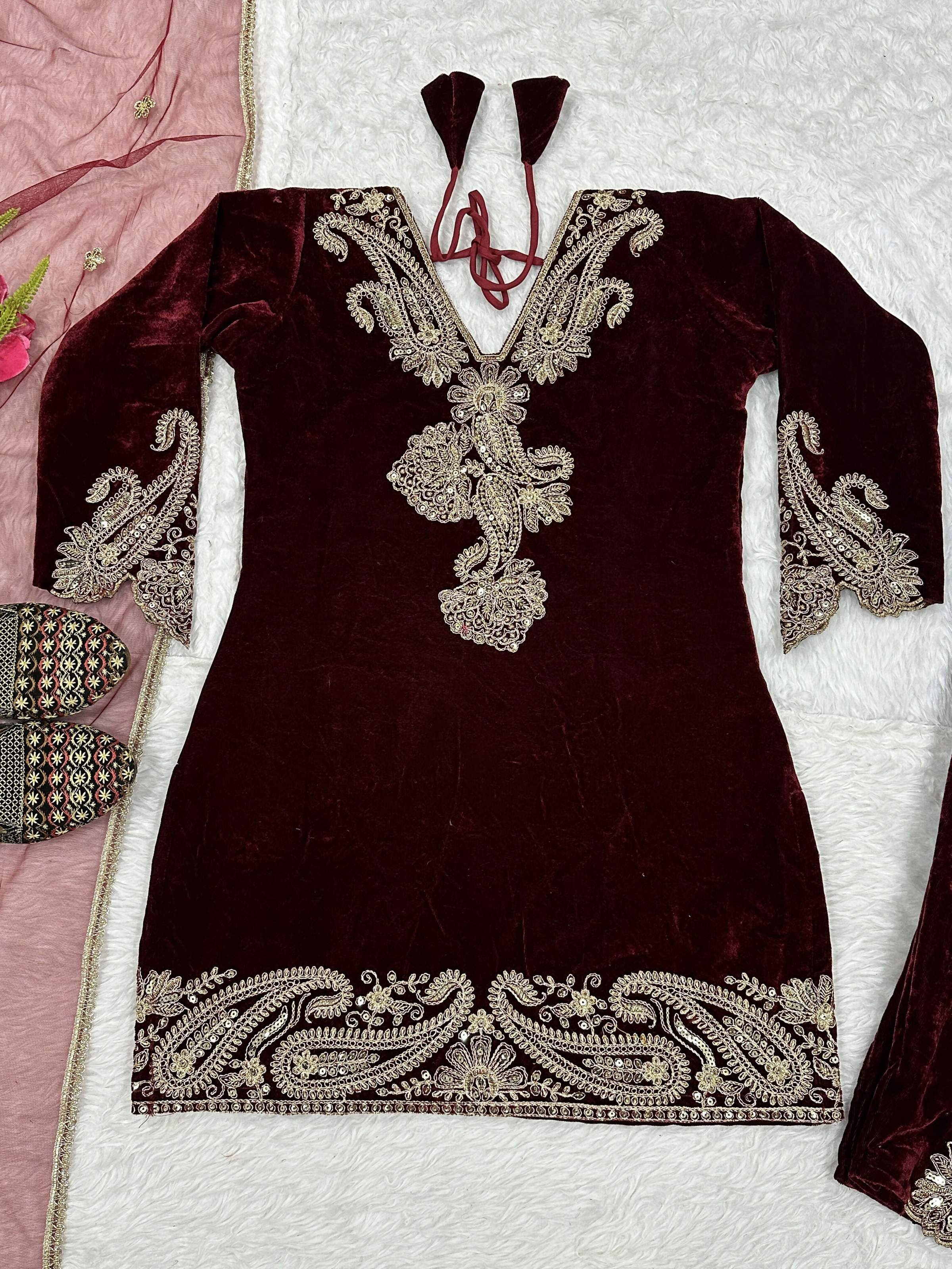 Vastranavya Wine Viscose Velvet Cording Sequence Embroidery Work Suit-Bottom With Dupatta - Distacart