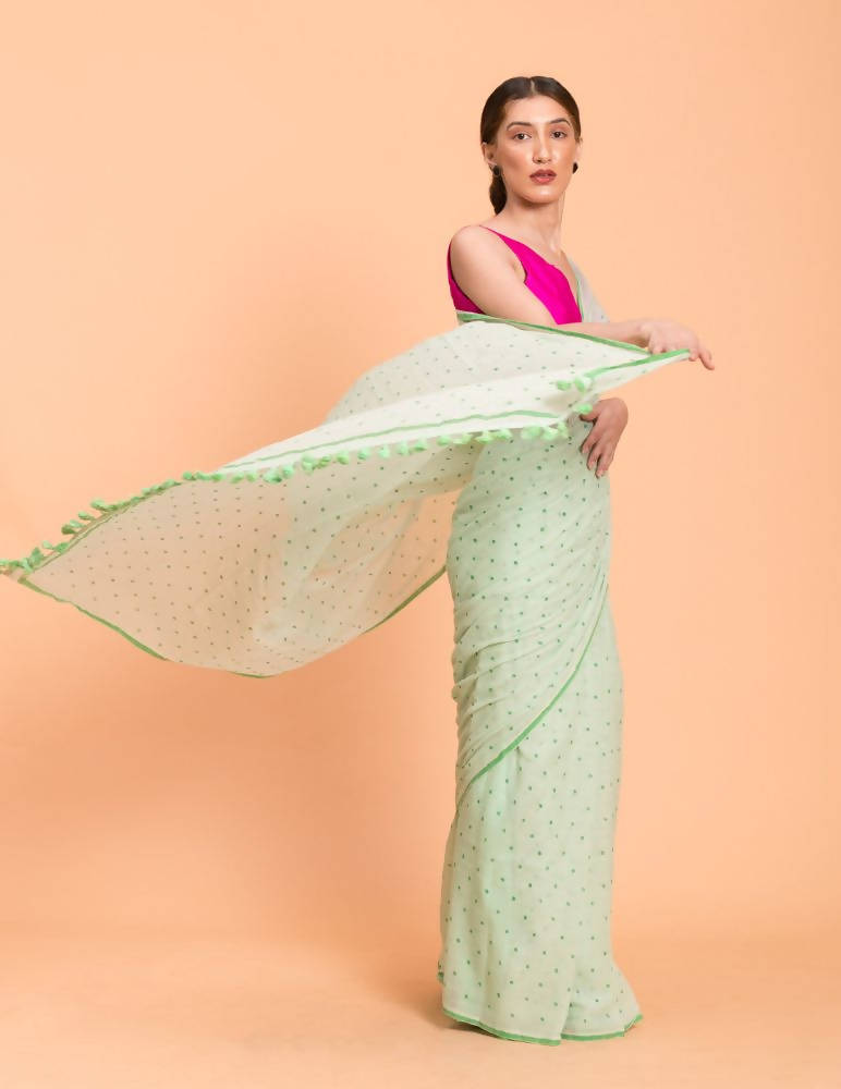 Suta Lime Green Polka Printed Pure Cotton Saree - Distacart