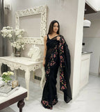 Black Shimmer Silk Multi Thread Sequence Embroidery Work Saree - Kashta