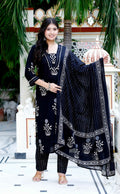 Miravan Women's Cotton Gota Patti Black Floral Printed Straight Kurta Palazzo With Dupatta Set