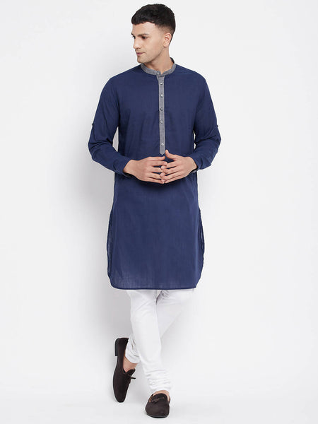 Even Apparels Blue Pure Cotton Men's Kurta With Contrast Collar And Placket