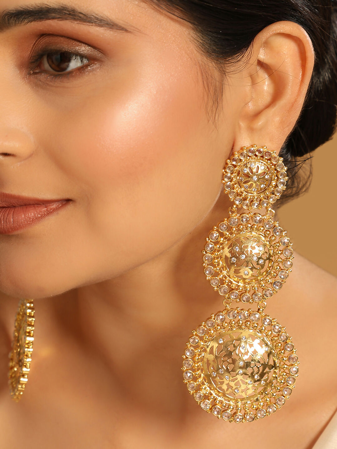 Nuyug 22K Gold Plated Stone Studded Contemporary Shaped Drop Earrings - Distacart