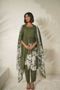 Miravan Women's Mehandi Pintucks Floral Pattern Cotton Straight Suit Set