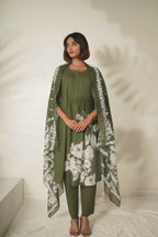 Miravan Women's Mehandi Pintucks Floral Pattern Cotton Straight Suit Set