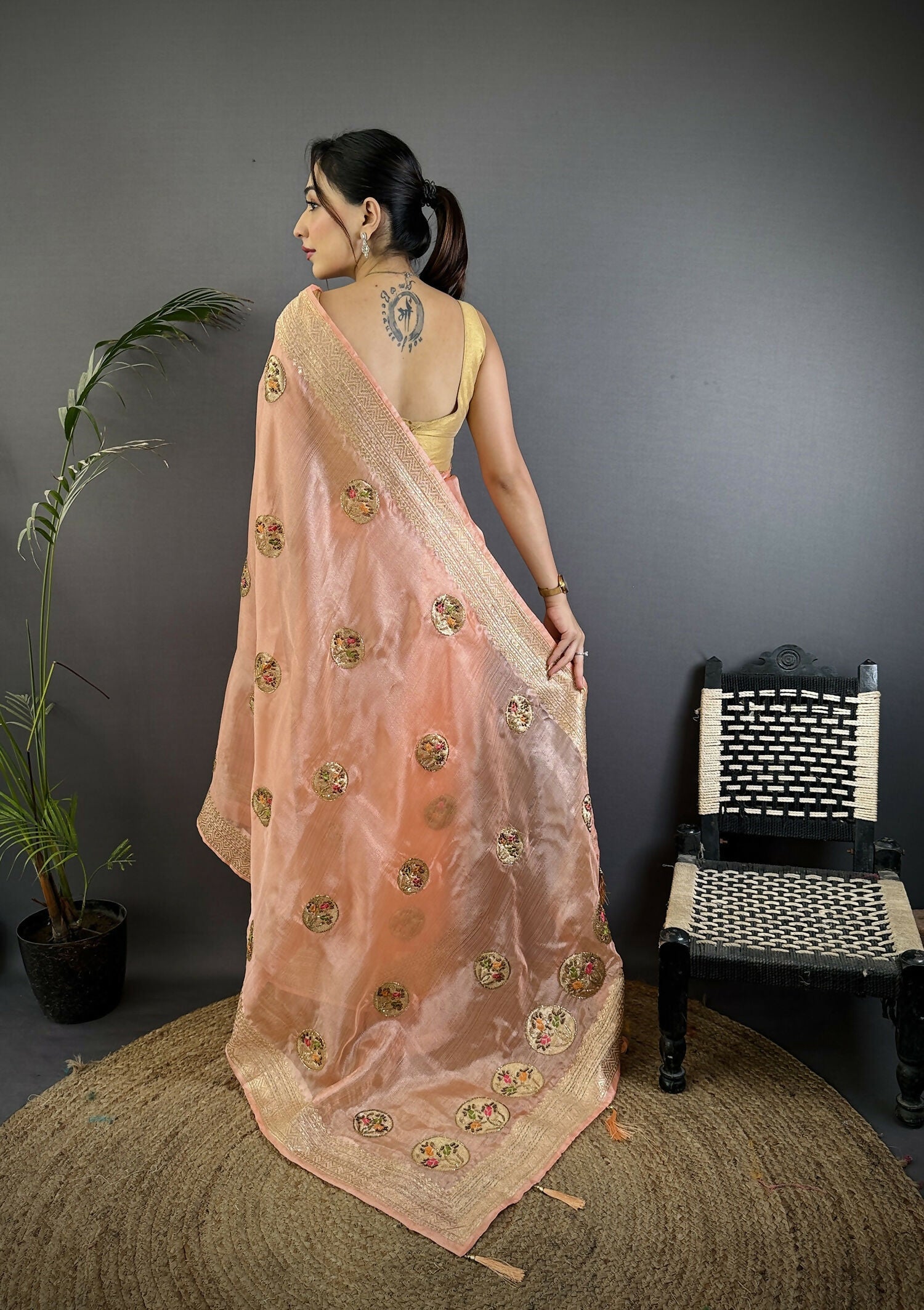 Joban Fashion Peach Handloom Banarasi Organza Silk Khatali Butta Work Saree - Distacart