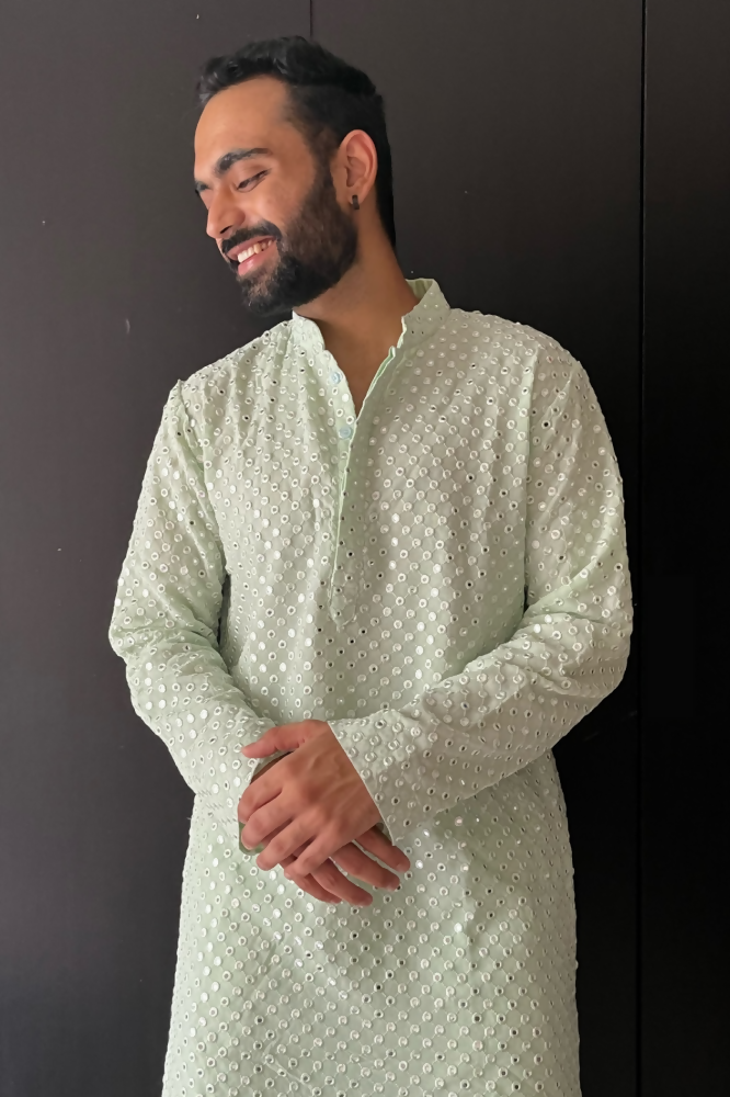 Pista Green Mirror Work Designer Kurta by Hilo Design
