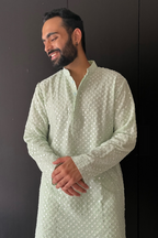 Pista Green Mirror Work Designer Kurta by Hilo Design