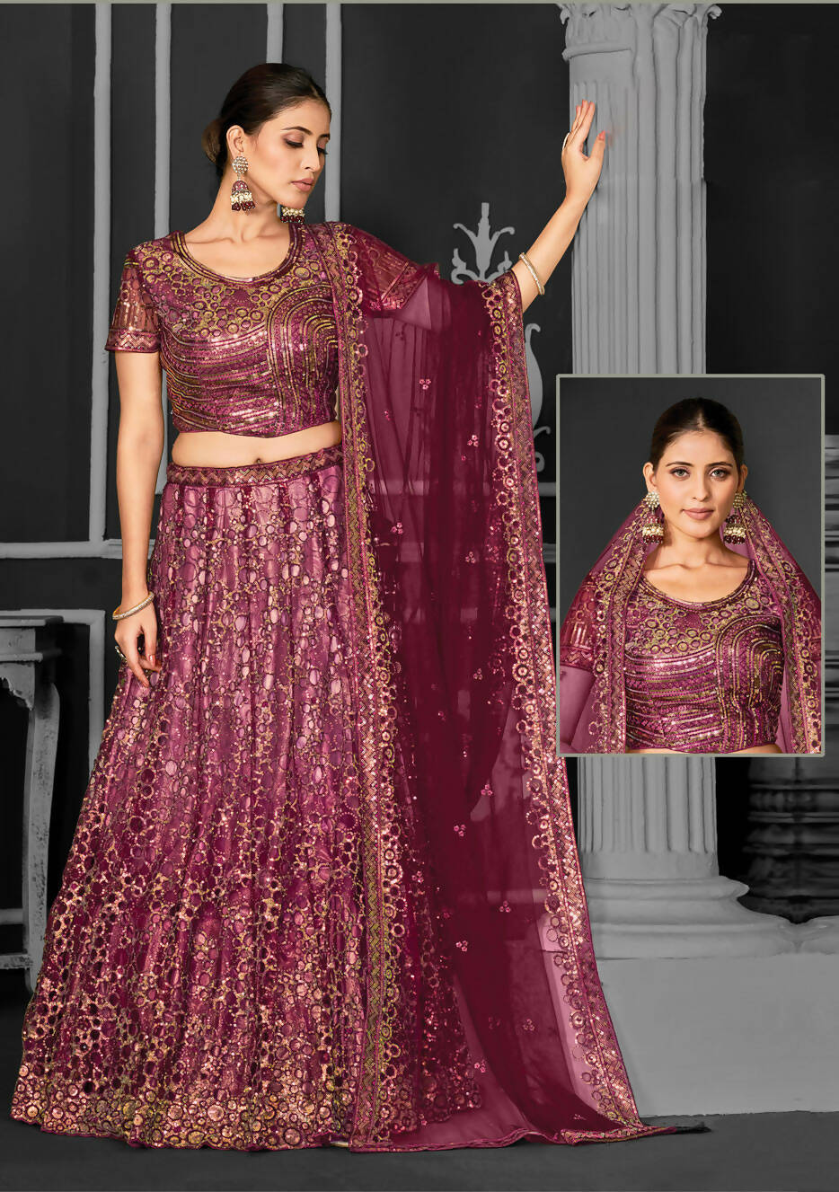 Maroon Net Semi-Stitched Bridal Lehenga - Nimayaa Bonanza