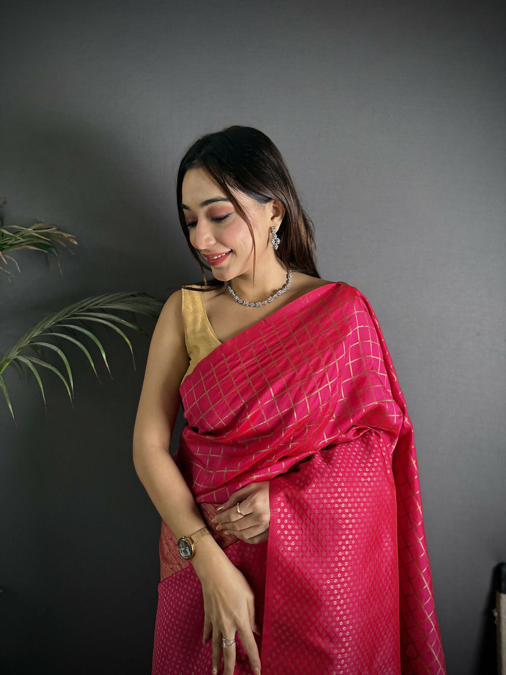 Joban Fashion Hot Pink Banarasi Soft Lichi Silk Checks & Woven Saree - Distacart