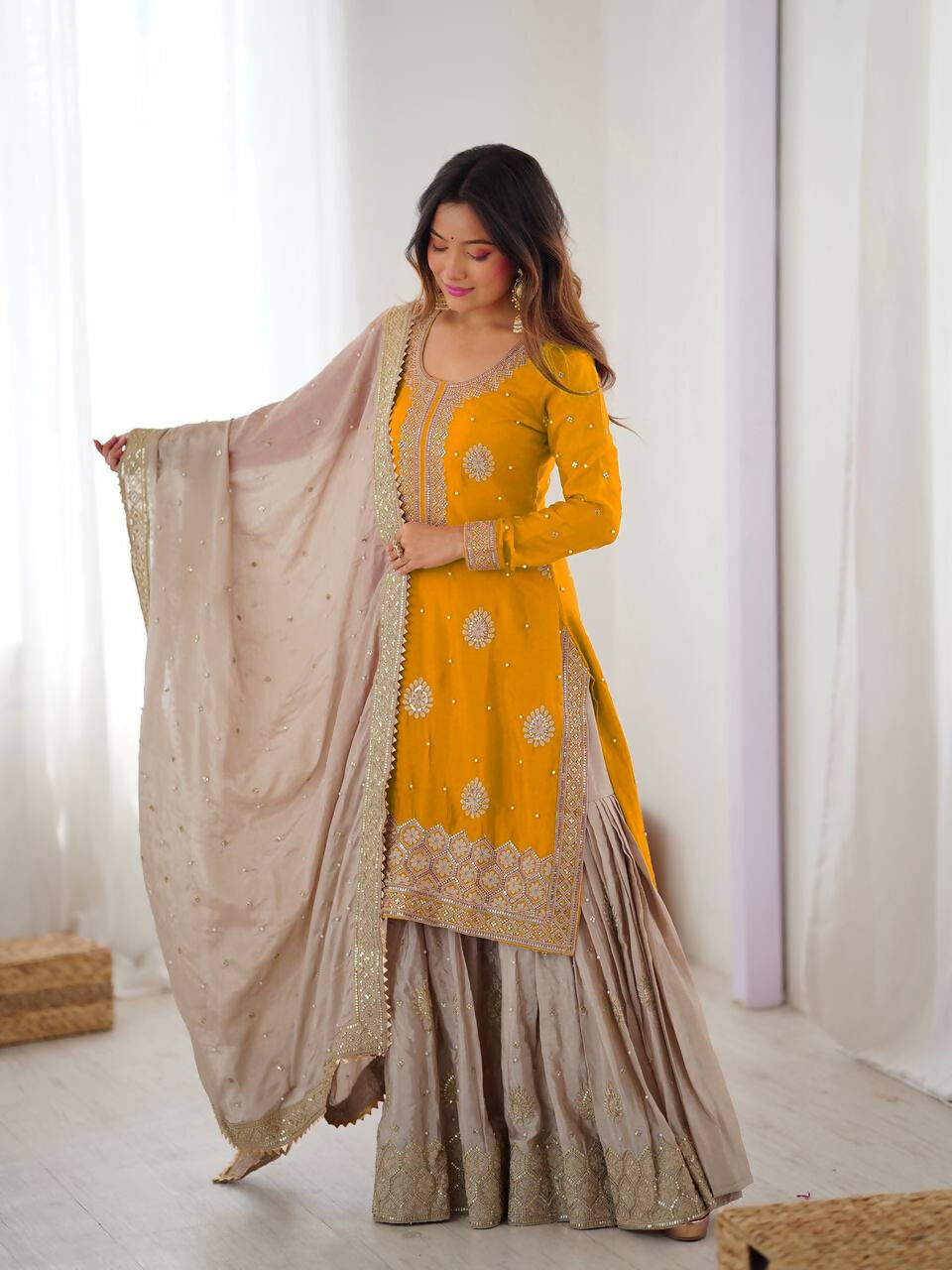 Lehenga Mart Designer Sharara Suit With Kurta, Sharara, Dupatta For Women-Yellow - Distacart