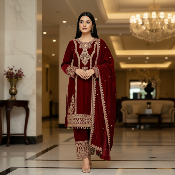 Teeya Creation Maroon Color Velvet Fabric Designer Embroidery Work Suit - Distacart