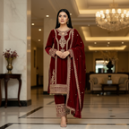 Teeya Creation Maroon Color Velvet Fabric Designer Embroidery Work Suit - Distacart
