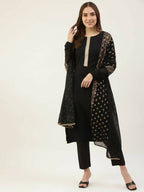 FIORRA Women's Black Poly Crepe Straight Kurta Pant With Dupatta