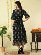 Myshka Women's Black Printed Cotton Party Dress - Distacart