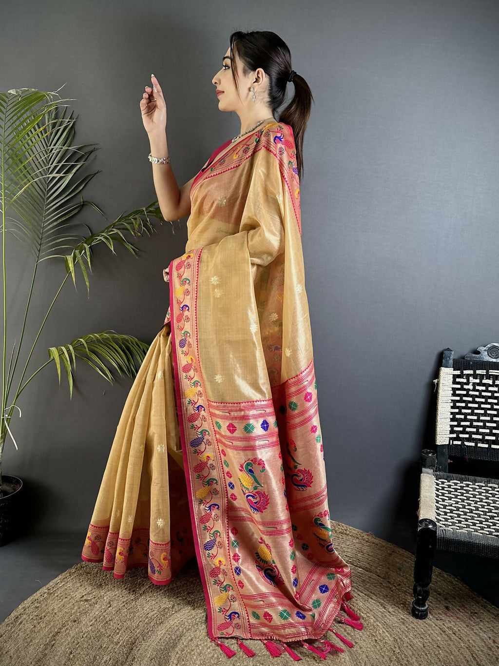 Joban Fashion Beige Zari Weaving Tissue Paithani Saree - Distacart
