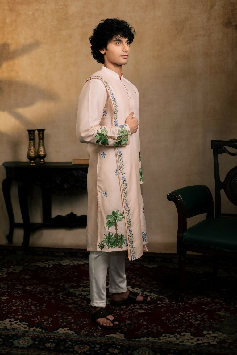 Falling Raw Silk Peach Gajavana Kurta Set By Hilo Design