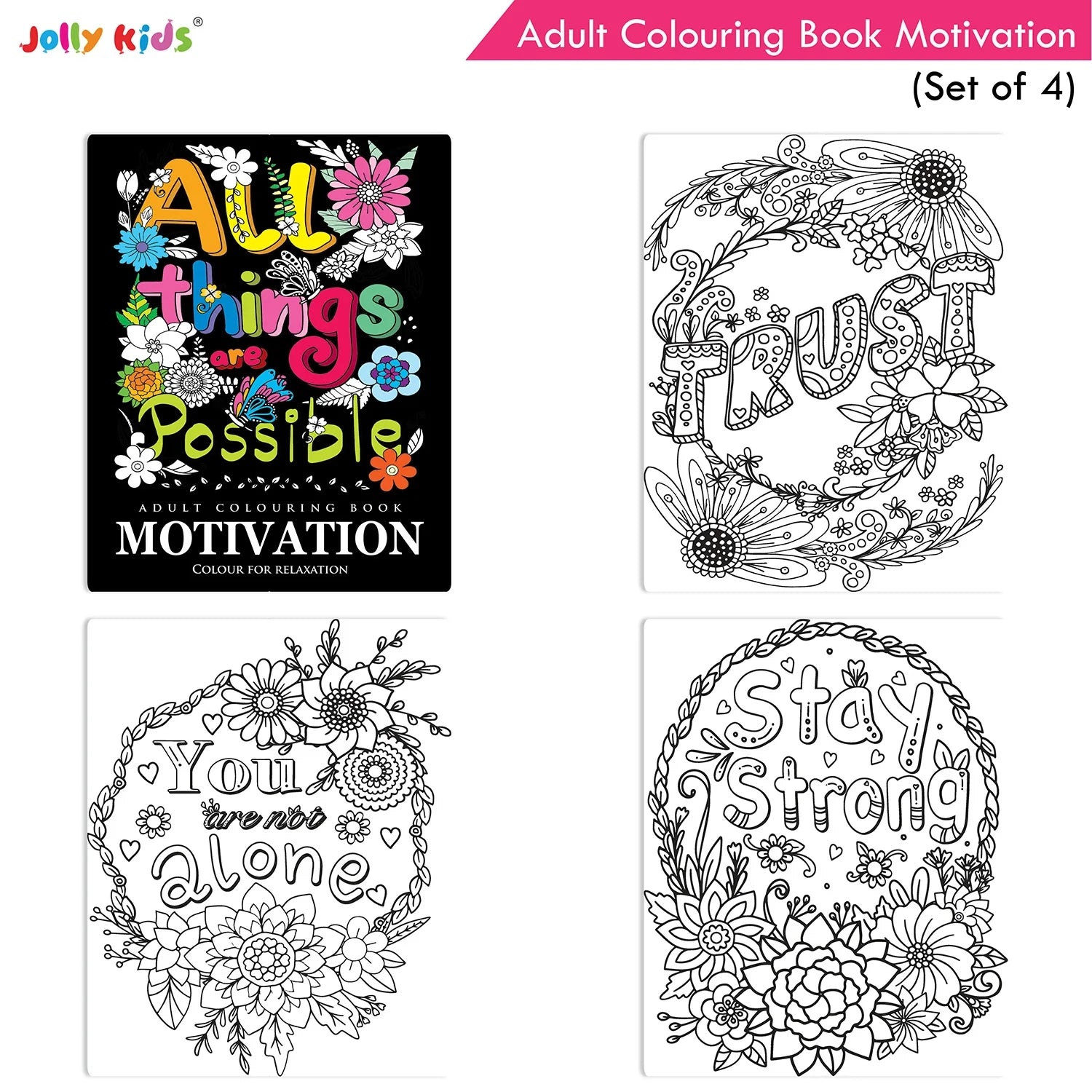 Jolly Kids Adult Colouring Books Set of 4|Adults Colouring Book: Stress Relieving Designs Floral, Animals, Birds & Motivational Quotes Colouring Books - Distacart