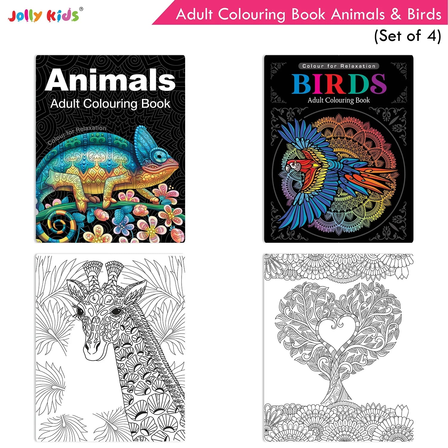 Jolly Kids Adult Colouring Books Set of 4|Adults Colouring Book: Stress Relieving Designs Floral, Animals, Birds & Motivational Quotes Colouring Books - Distacart
