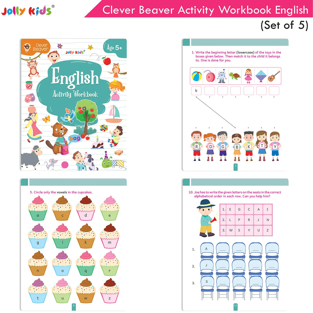 Jolly Kids Clever Beaver Ages 5-6 Years Fun Learning Activities Workbooks Set of 4| English-Maths-EVS-Good Habit-Logical Reasoning - Distacart