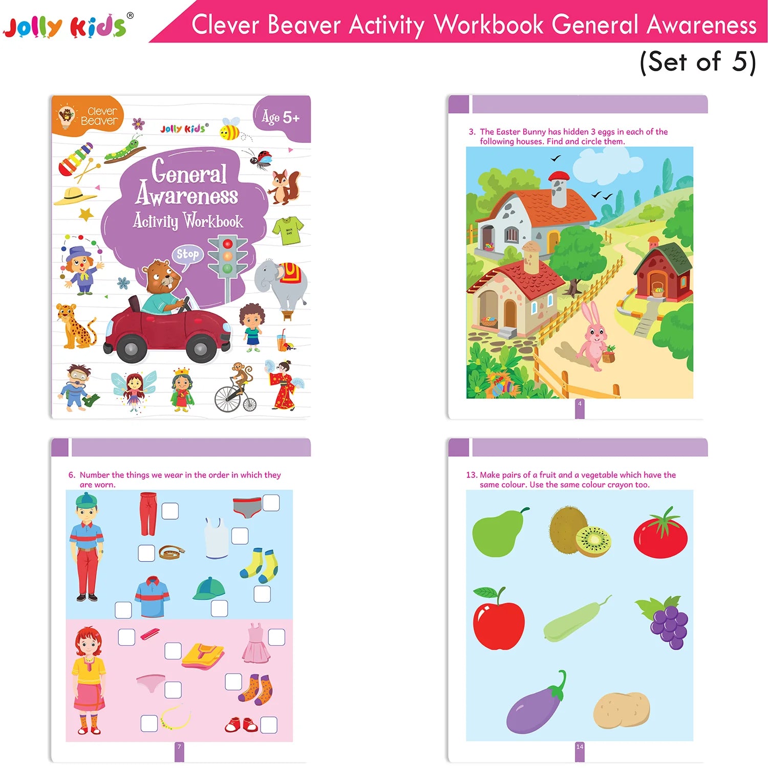 Jolly Kids Clever Beaver Ages 5-6 Years Fun Learning Activities Workbooks Set of 4| English-Maths-EVS-Good Habit-Logical Reasoning - Distacart