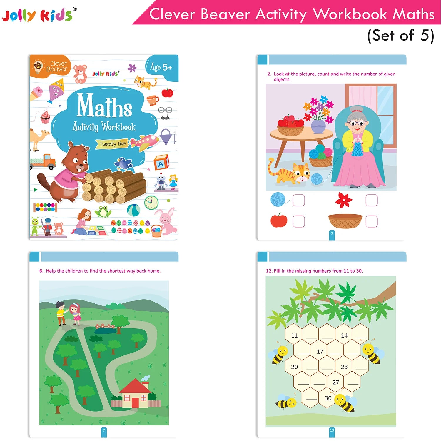 Jolly Kids Clever Beaver Ages 5-6 Years Fun Learning Activities Workbooks Set of 4| English-Maths-EVS-Good Habit-Logical Reasoning - Distacart