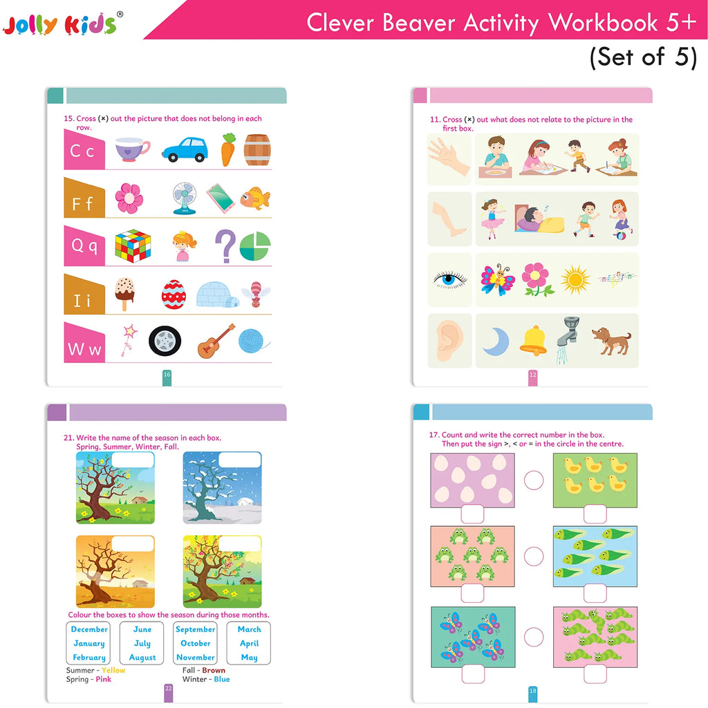 Jolly Kids Clever Beaver Ages 5-6 Years Fun Learning Activities Workbooks Set of 4| English-Maths-EVS-Good Habit-Logical Reasoning - Distacart