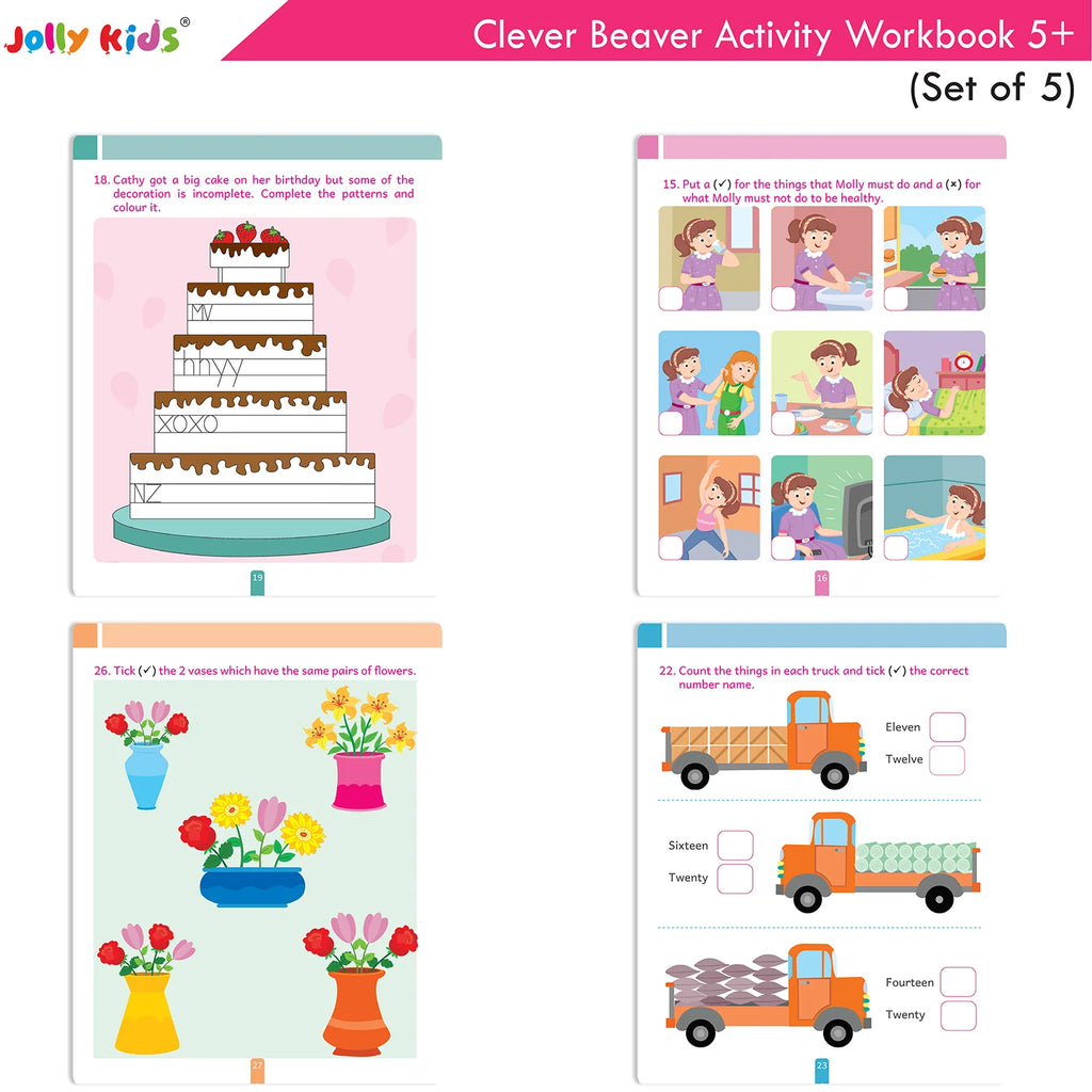Jolly Kids Clever Beaver Ages 5-6 Years Fun Learning Activities Workbooks Set of 4| English-Maths-EVS-Good Habit-Logical Reasoning - Distacart