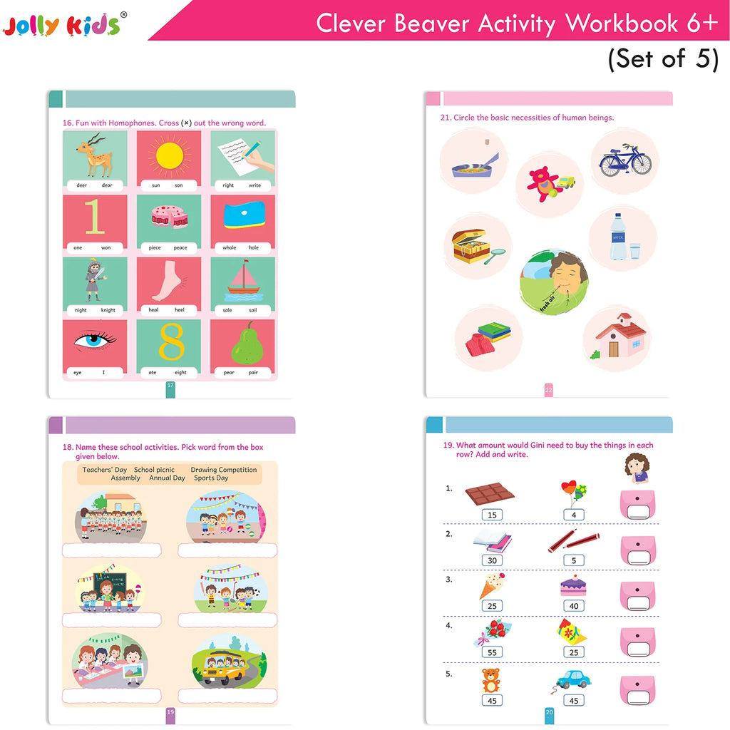 Jolly Kids Clever Beaver Ages 6-7 Years Fun Learning Activities Workbooks Set of 4| English-Maths-EVS-Good Habit-Logical Reasoning - Distacart