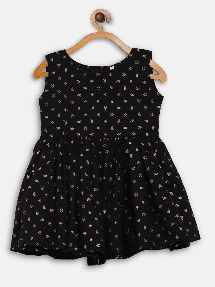Ahalyaa Black Cotton Gold Print Kids Kurta Sharara Sets For Girls