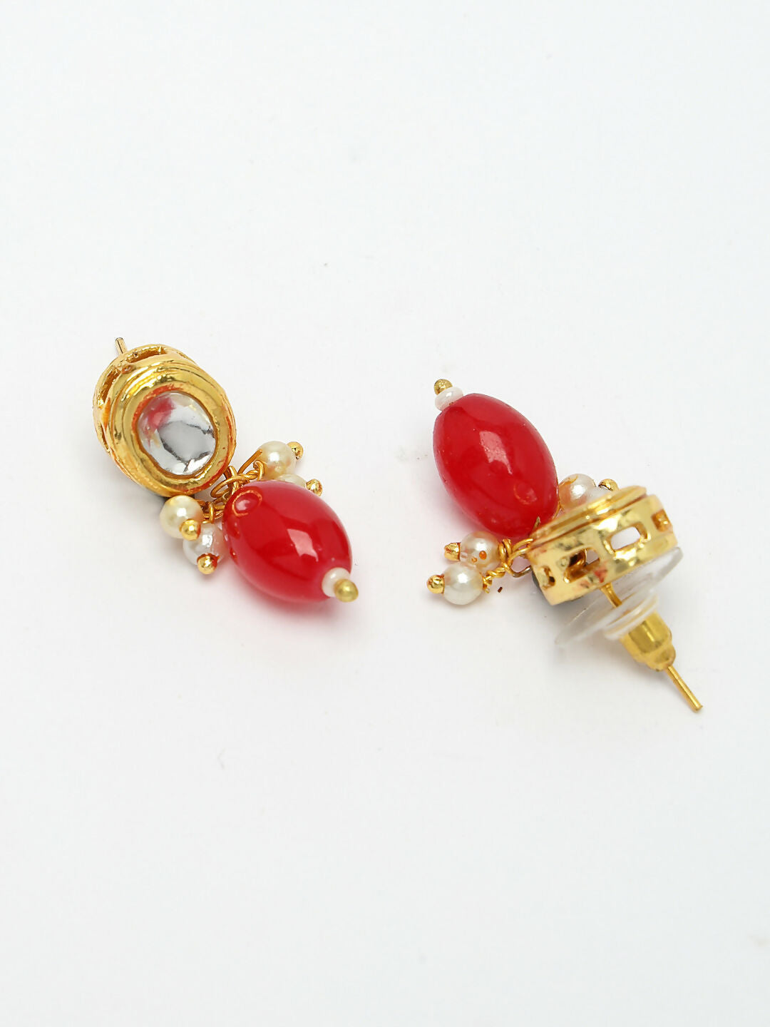 NVR Women's Red Artificial Beads Layered Necklace with Drop Earring