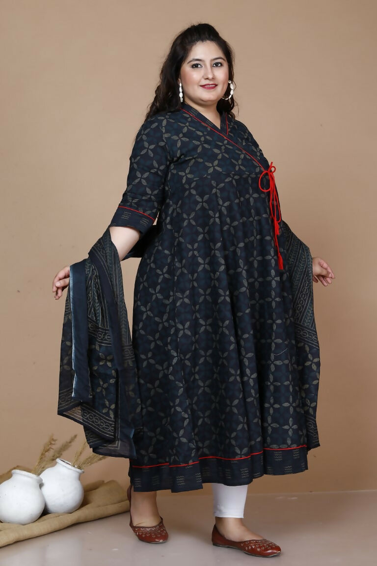 Miravan Women's Plus Size Abstract Printed & Tasseles Angrakha Kurta With Blue Dupatta Set