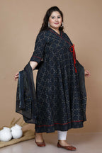 Miravan Women's Plus Size Abstract Printed & Tasseles Angrakha Kurta With Blue Dupatta Set