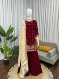 Vastranavya Maroon Viscose Velvet Intricate Thread & Sequence With Pearl Work Top Palazzo With Dupatta
