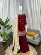 Vastranavya Maroon Viscose Velvet Intricate Thread & Sequence With Pearl Work Top Palazzo With Dupatta