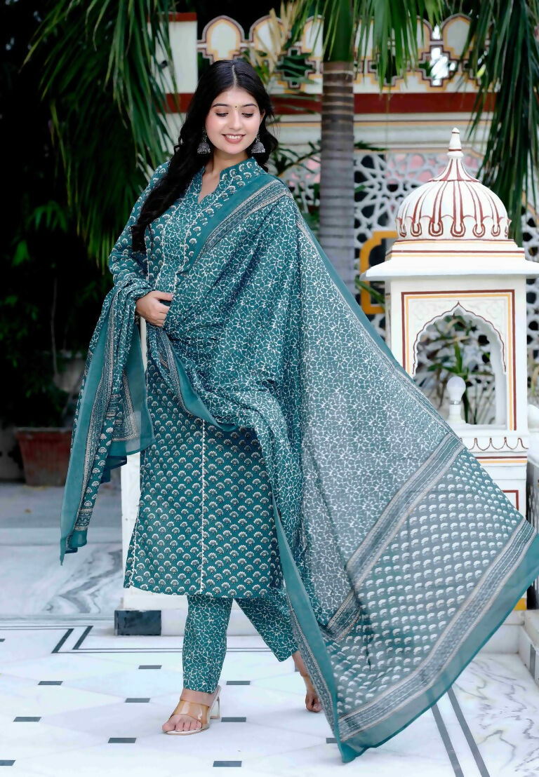 Miravan Women's Cotton Straight Style Blue Kurta With Palazzo And Dupatta