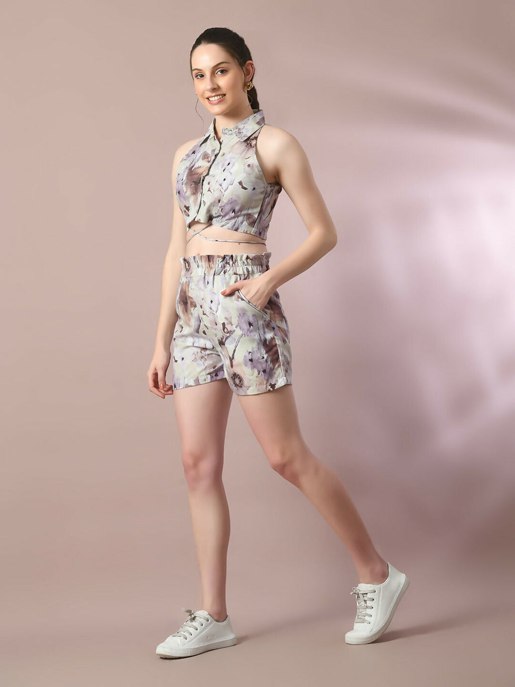 Myshka Women's Multi Printed Shirt Collar Party Top With Shorts Co-ord set
