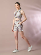 Myshka Women's Multi Printed Shirt Collar Party Top With Shorts Co-ord set