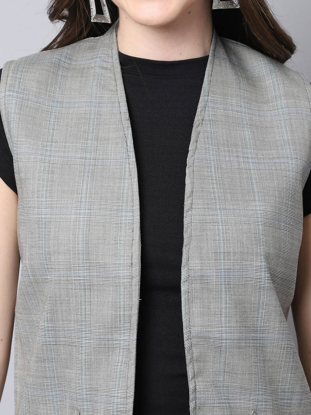 Even Apparels Grey Polywool Open Front Checked Women's Long Coat - Distacart