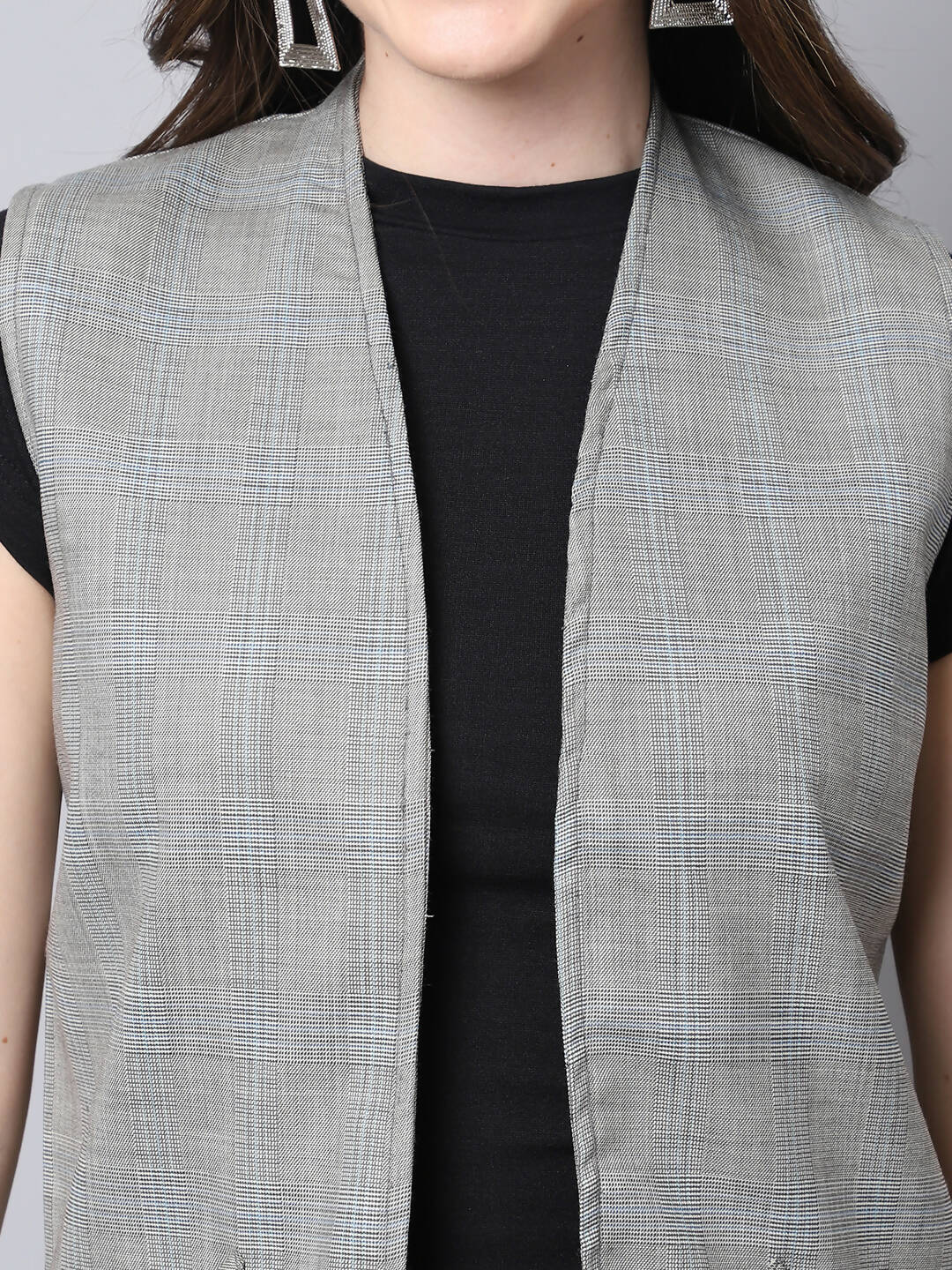 Even Apparels Grey Polywool Open Front Checked Women's Long Coat - Distacart