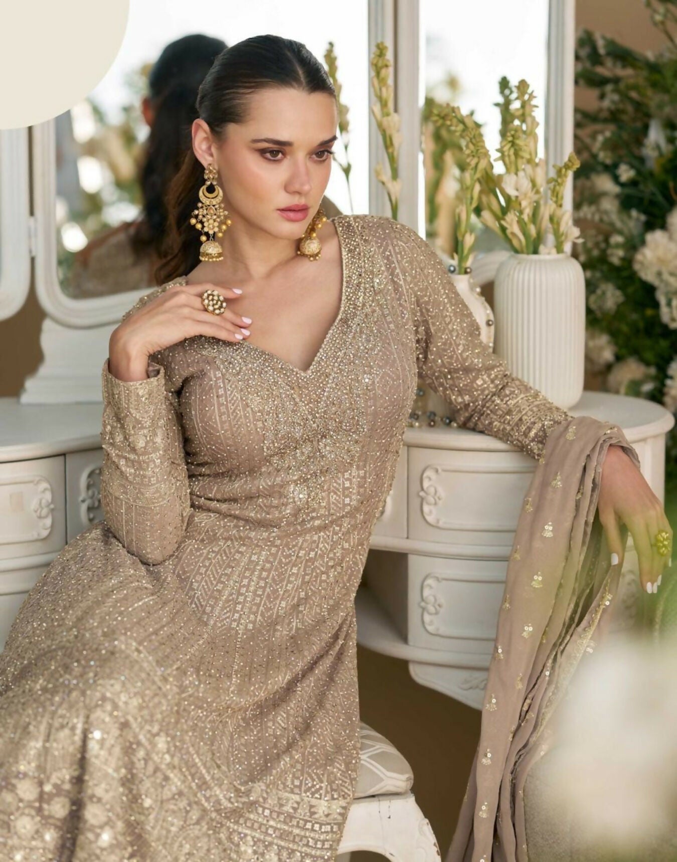 Anaita Beige Heavy Georgette Stitched Suit with Sequence & Diamond work - Distacart