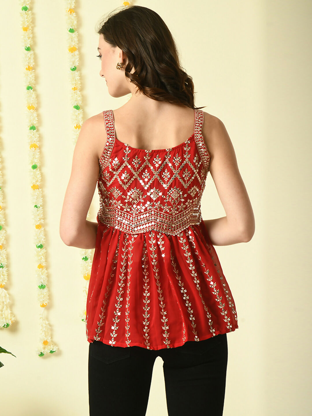 Myshka Women's Red Embroidered Party Fusion Top