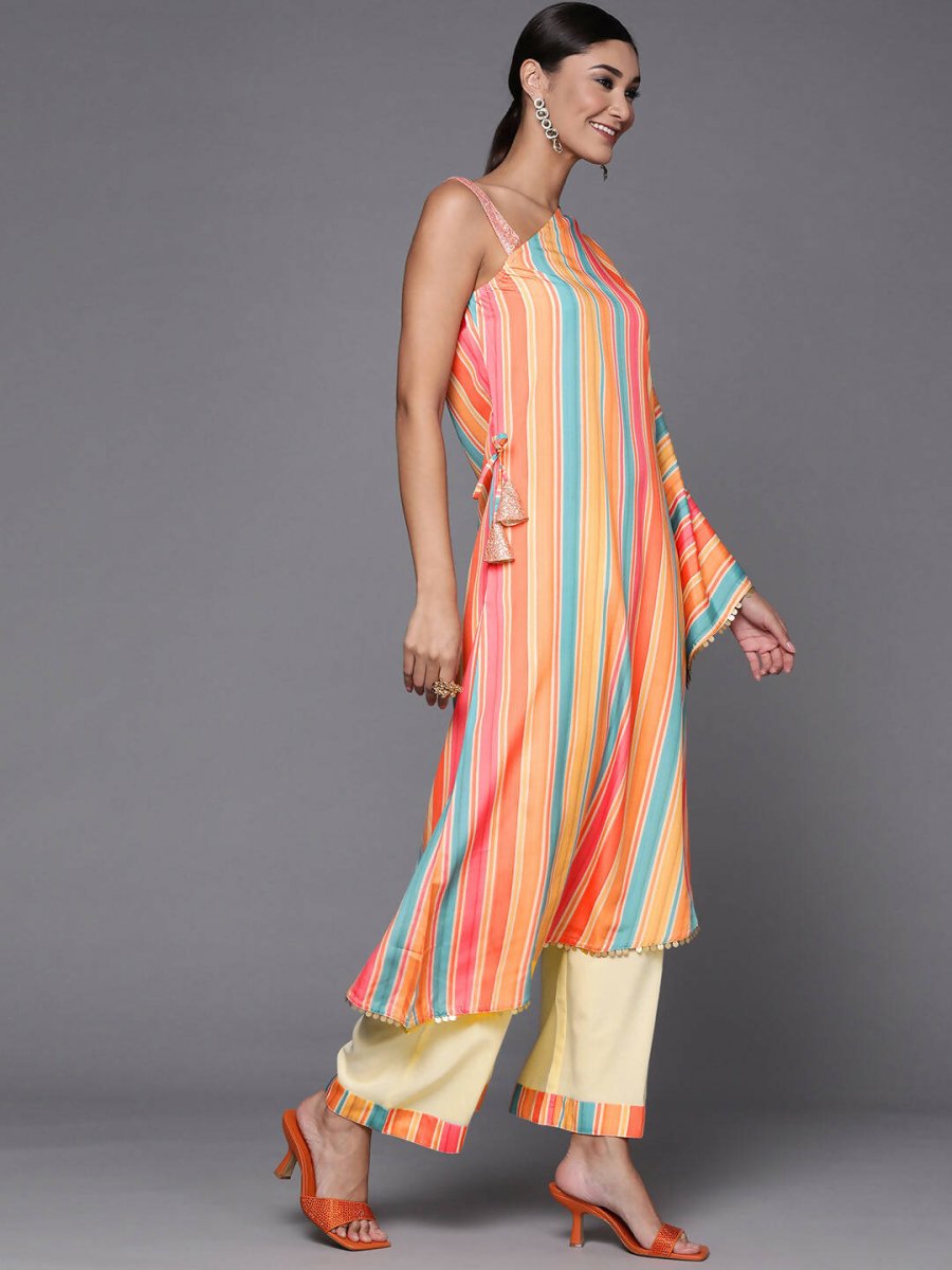 Ahalyaa Peach-Coloured & Blue Printed Striped Asymmetric Taselled Kaftan Kurta Palazzos - Distacart