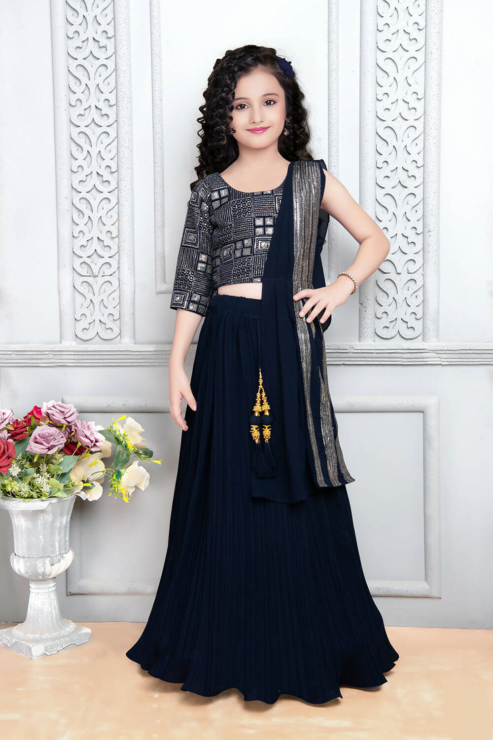 Kids Wedding Designer Navy Blue Heavy Georgette Lehenga Choli - Aaradhna