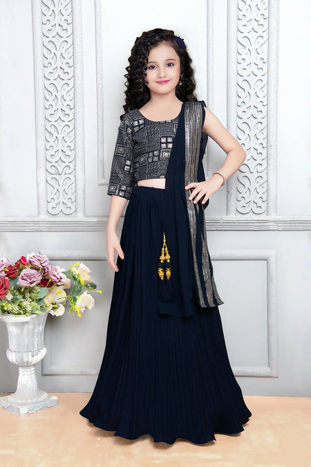 Kids Wedding Designer Navy Blue Heavy Georgette Lehenga Choli - Aaradhna