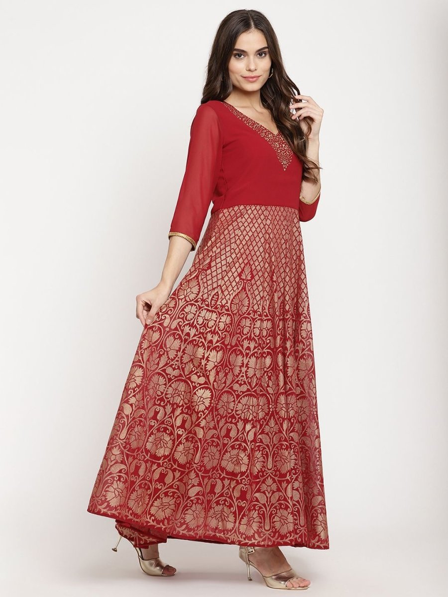 Ahalyaa Women's Maroon Georgette Gold Foil Print Flared Kurta With Dupatta
