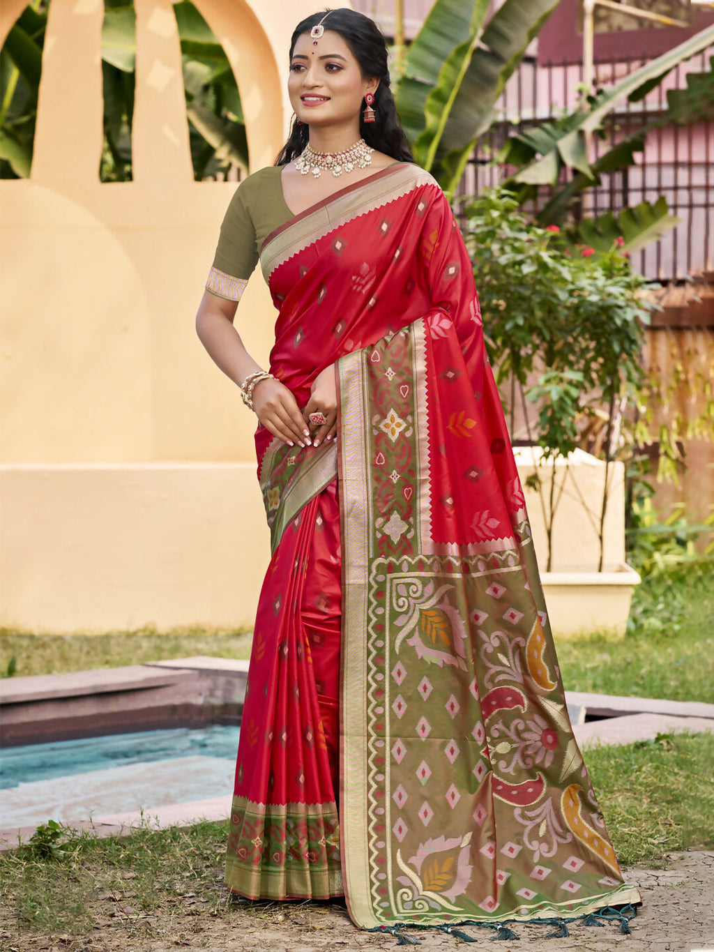 Shree Shyam Fashion Red Pochampally Silk Saree - Distacart