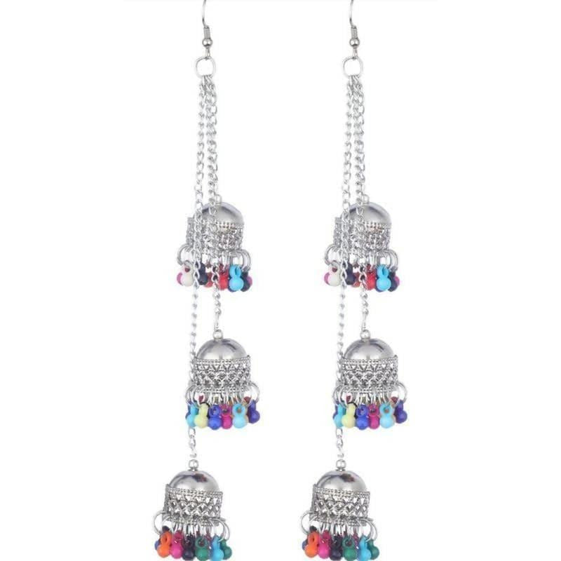 Antique Triple Afghani Kashmiri Tribal Oxidized Long Chain Jhumka Earrings