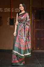 Very Much Indian Handloom Pure Tussar Silk With Floral Prints - Green - Distacart